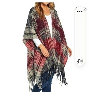 Woolrich Plaid Boho Shawl  Fringe Trim Burgundy Soft Cozy One Size